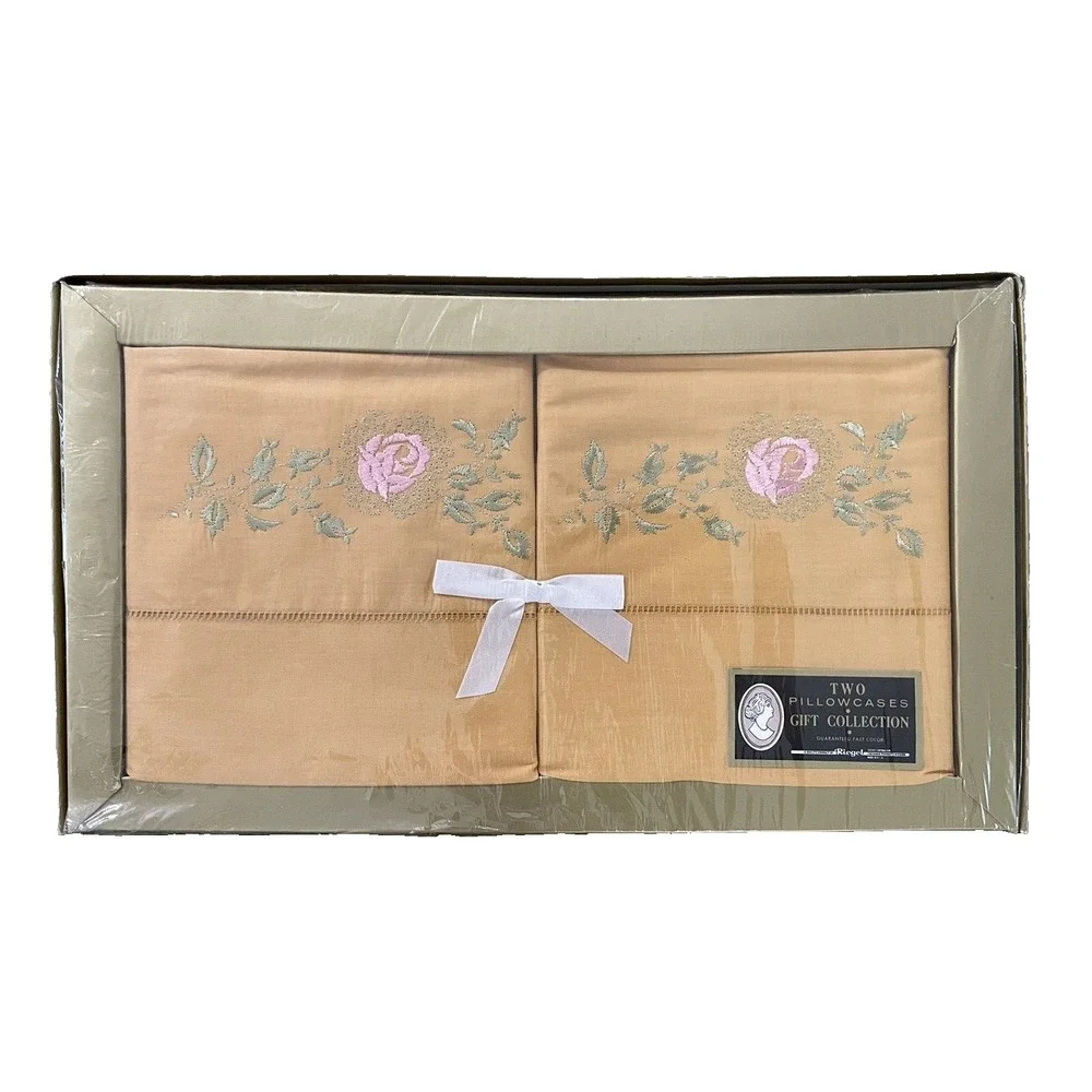 Vintage Riegel Orange Pillowcase‎ Pair Embroidered Roses Gift Set